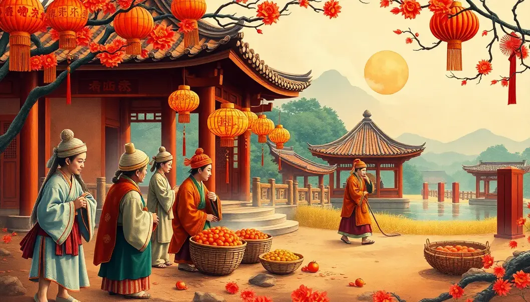 Illustration of ancient Chinese farmers celebrating the lunar new year with traditional rituals.
