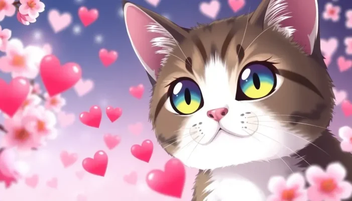 Cat with large anime eyes, surrounded by hearts and cherry blossoms, expressing love.