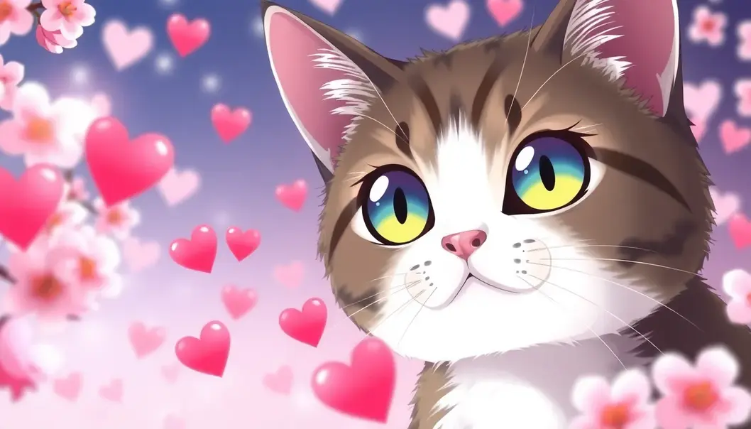 Cat with large anime eyes, surrounded by hearts and cherry blossoms, expressing love.