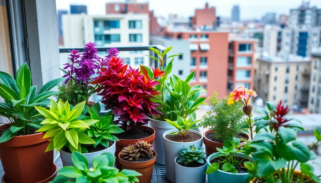 A variety of potted plants on a balcony to suit different light conditions.