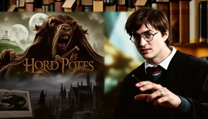 Collage showing scenes from 'The Lord of the Rings' and 'Harry Potter' films with book backdrop.