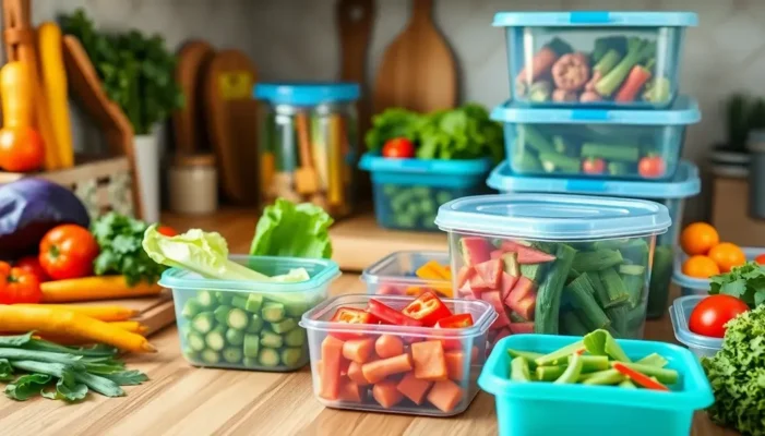 An eco-friendly kitchen with prepped vegetables in sustainable containers.