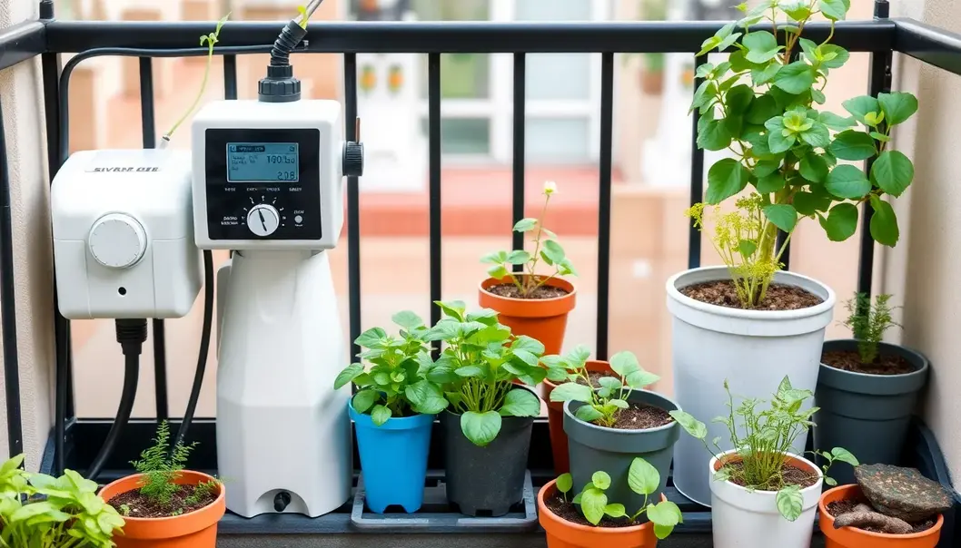 A variety of potted plants on a balcony to suit different light conditions.