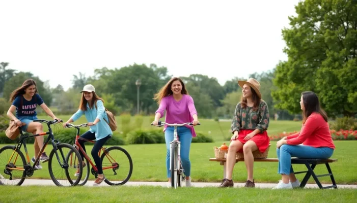 People engaged in outdoor activities wearing colorful, casual attire.