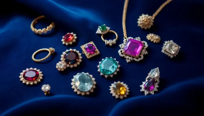Various iconic jewelry pieces on deep-blue velvet, illuminated to emphasize their detail.