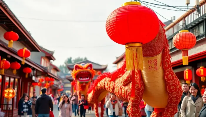 Lunar New Year street scene with dragon dance and red lanterns.