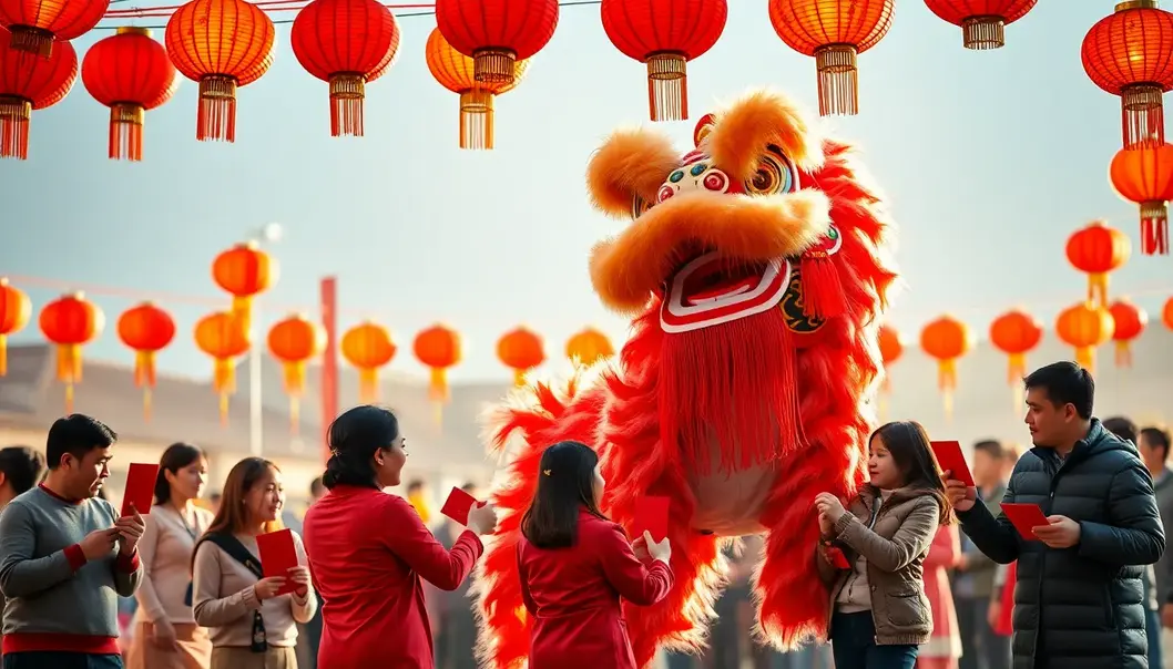 Illustration of ancient Chinese farmers celebrating the lunar new year with traditional rituals.