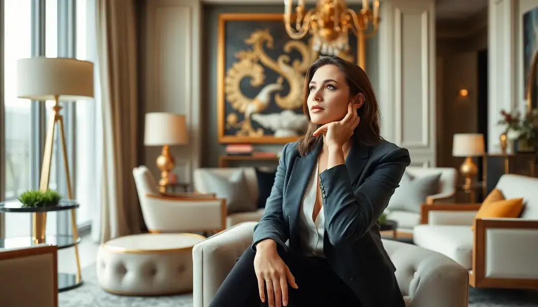 A modern professional contemplating career changes in an elegant setting.