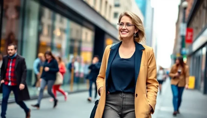 Petite woman walking confidently with a stylish outfit in an urban setting.