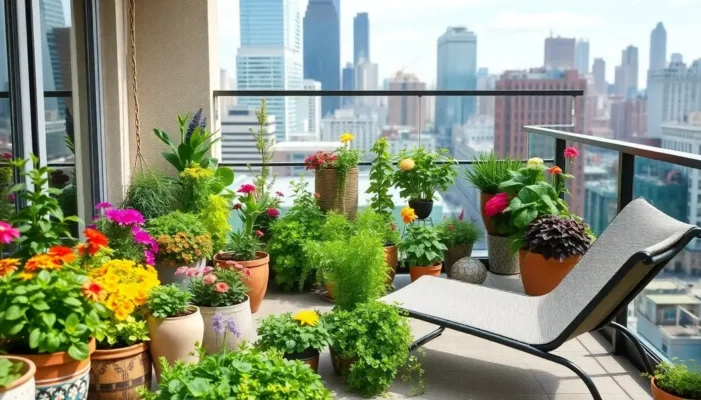 An appealing balcony garden with various plants and comfortable seating, overlooking a city skyline.